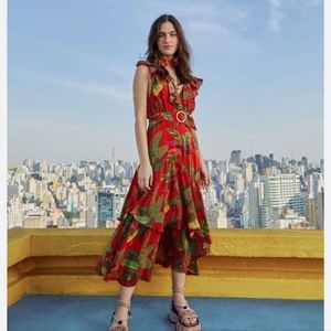 Farm Rio Red Forest Birds Belted Tiered Midi-Dress size XL